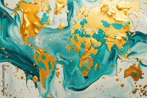 seamless pattern flat illustration style, world map Luxury gold turquoise with gold liquid background , fluid splash, swirl on white. Close up glossy texture. Mix color liquid splashes. Digital art