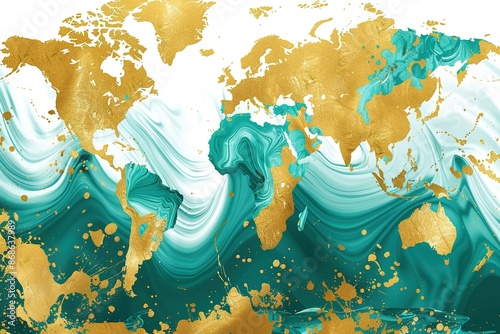 seamless pattern flat illustration style, world map Luxury gold turquoise with gold liquid background , fluid splash, swirl on white. Close up glossy texture. Mix color liquid splashes. Digital art