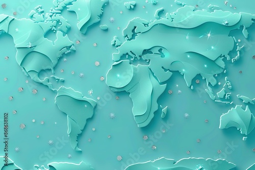 seamless pattern flat illustration style, world map modern conceptual 3d curved turquoise shape on turquoise background with lighting effect and sparkle with copy space for text.