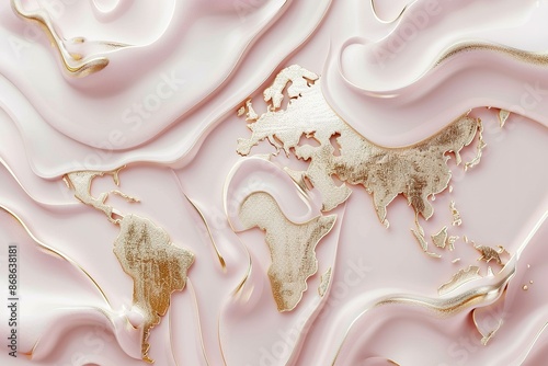 seamless pattern flat illustration style, world map 3D pale pink with gold liquid background, fluid splash, swirl on white. Luxury golden flow. luxus gold background dynamic flow wave 3d