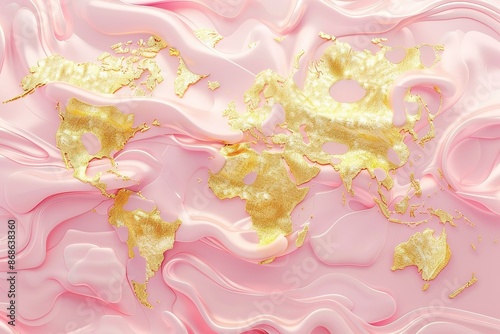 seamless pattern flat illustration style, world map 3D pale pink with gold liquid background, fluid splash, swirl on white. Luxury golden flow. luxus gold background dynamic flow wave 3d