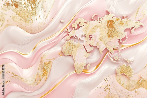 seamless pattern flat illustration style, world map 3D pale pink with gold liquid background, fluid splash, swirl on white. Luxury golden flow. luxus gold background dynamic flow wave 3d