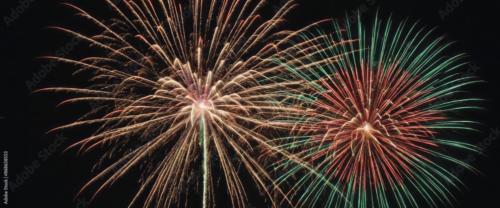 Two fireworks explode in the night sky, creating a vibrant display of color and light Two fireworks explode in the night sky, creating a vibrant display of color and light