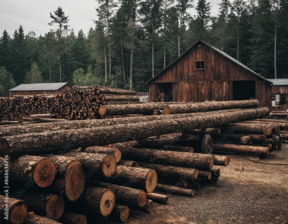 A large pile of logs sits near a wooden building in a forest setting. The logs are stacked high and appear to be ready for transport or processing A large pile of logs sits near a wooden building in a forest setting. The logs are stacked high and appear to be ready for transport or processing