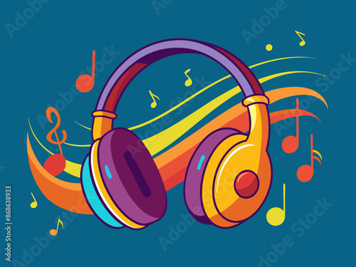 A pair of headphones with music notes flowing out