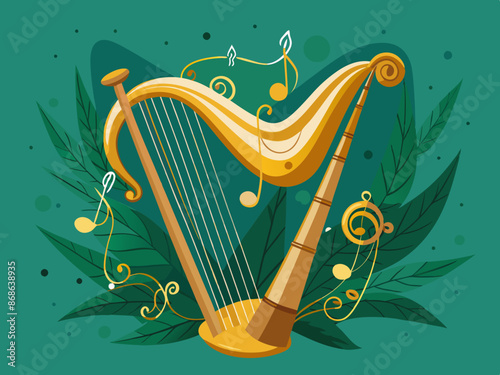 A harp with golden strings and musical notes