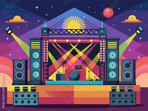 A music festival stage with speakers and lights