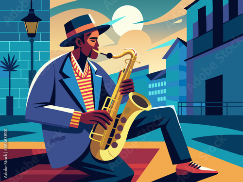 A street performer with a saxophone