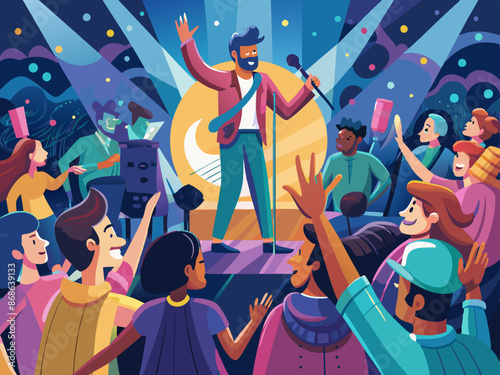 A live performance with an enthusiastic crowd