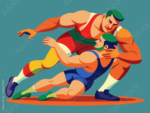 A wrestler grappling with an opponent