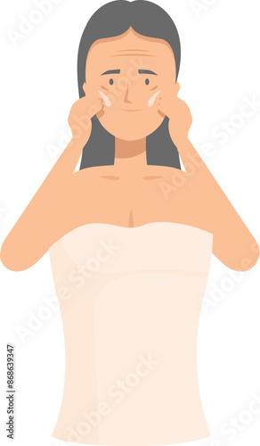 Woman is applying anti aging cream on her face, taking care of her skin