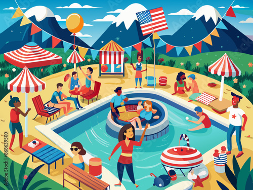 A community pool party with patriotic decorations