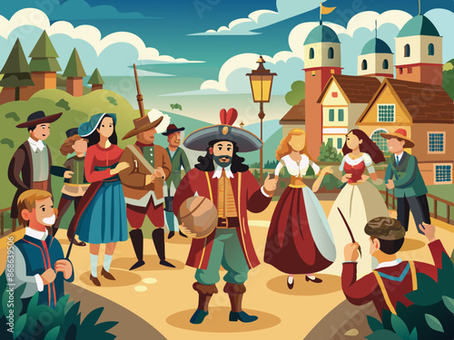 A historic reenactment with people in colonial costumes
