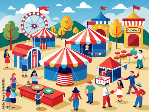 A community fair with games and booths decorated in red, white, and blue