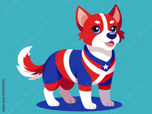 A dog in a red, white, and blue outfit