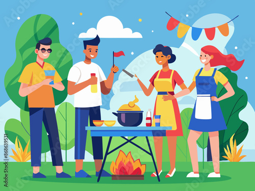 A group of friends having a barbecue with a flag hanging nearby