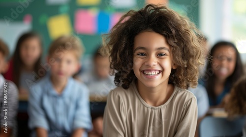 A young girl with curly hair beams with joy in a classroom setting © Xistudio