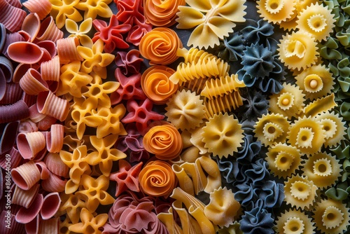 A background filled with a colorful assortment of various types of pasta.