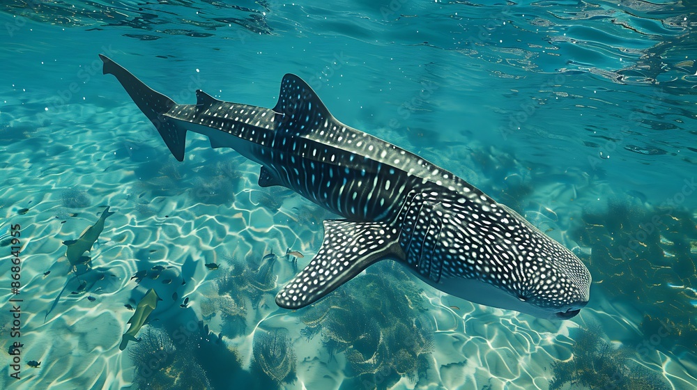 A whale shark glides across the clear blue waters very detailed and realistic shape A whale shark glides across the clear blue waters very detailed and realistic shape