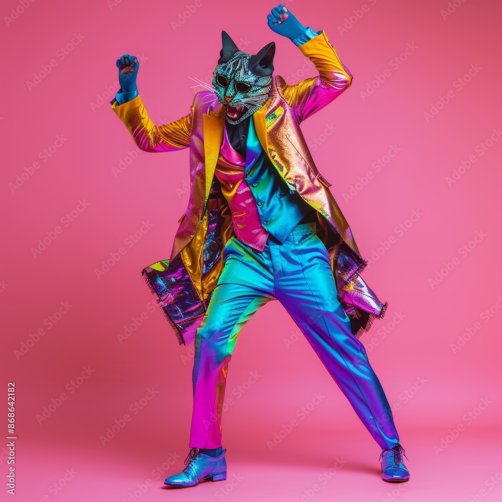 Freak in cat mask dancing, masquerade, absurd carnival, having fun in costume party, weird mask head Freak in cat mask dancing, masquerade, absurd carnival, having fun in costume party, weird mask head