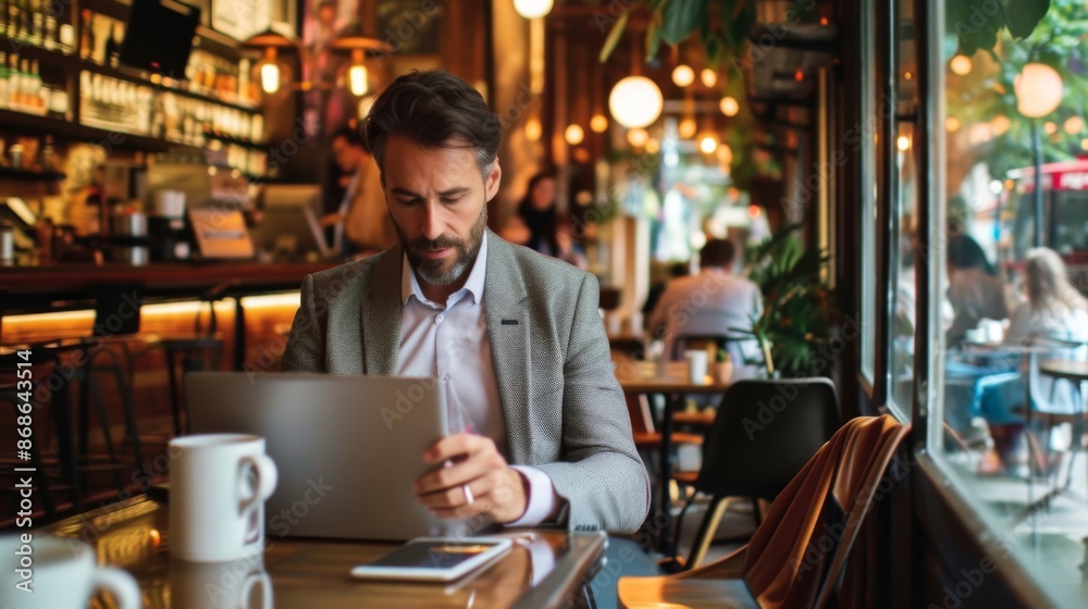 A businessman efficiently using a smartphone and a laptop at a bustling caf working on important business projects and engaging in mobile productivity A businessman efficiently using a smartphone and a laptop at a bustling caf working on important business projects and engaging in mobile productivity