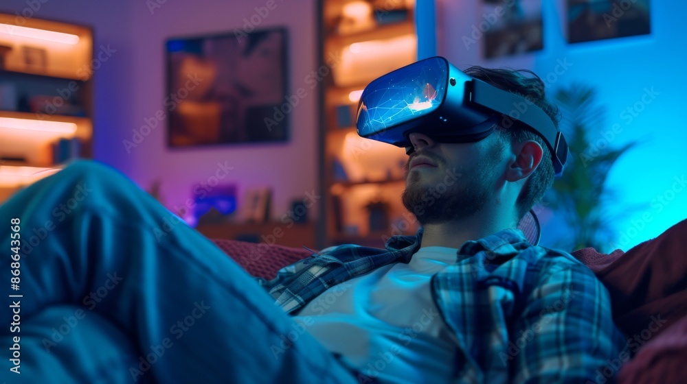A man immersed in using a virtual reality headset in a modern living room A man immersed in using a virtual reality headset in a modern living room
