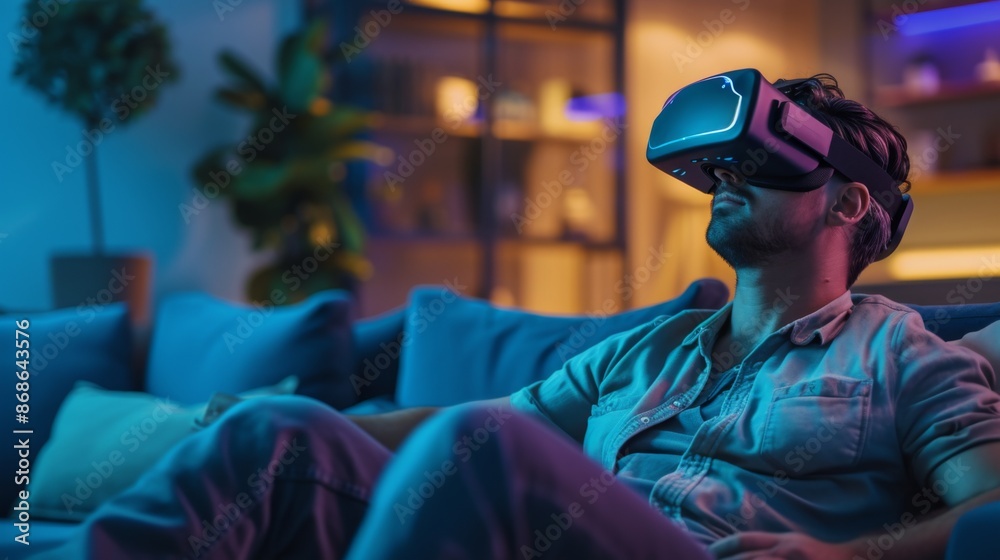 A man immersed in using a virtual reality headset in a modern living room A man immersed in using a virtual reality headset in a modern living room