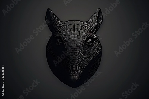 A realistic silhouette logo of an armadillo's face, focusing on its armored features and small eyes, against a charcoal background photo