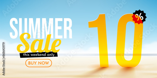 10 percent Off. Discount summer composition. Ocean beach. Sale banner and poster.