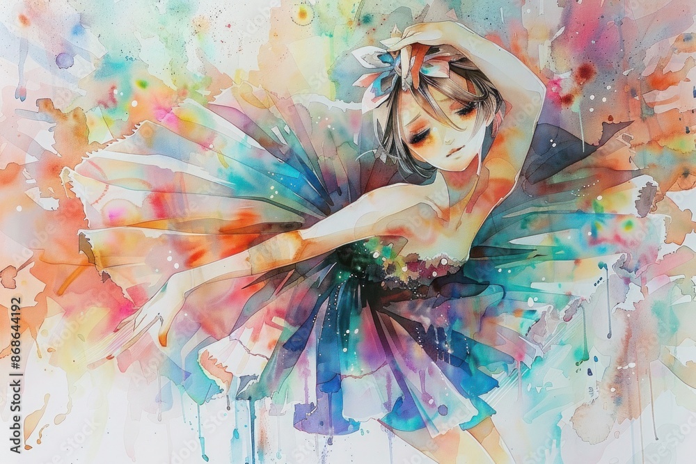 Animated elegance in watercolor: A ballerina, infused with anime style, expresses grace and beauty in a vibrant tutu against a backdrop of soft pastel shades Animated elegance in watercolor: A ballerina, infused with anime style, expresses grace and beauty in a vibrant tutu against a backdrop of soft pastel shades