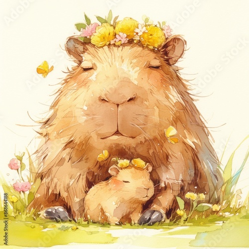 capybara mother mommy and her baby animal watercolor clip art for mother's day, family, birthday photo