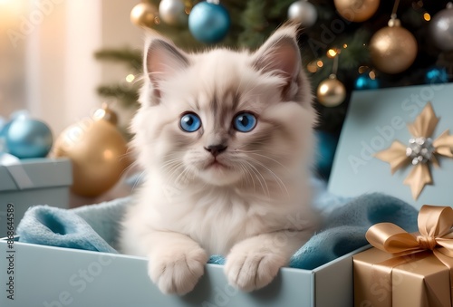 Ragdoll cat sitting in a gift box near the Christmas tree