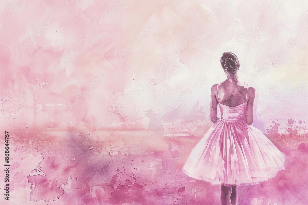 Ethereal watercolor rendering: A ballerina in a pink dress stands gracefully, her back to the viewer, against a luminous and gentle background Ethereal watercolor rendering: A ballerina in a pink dress stands gracefully, her back to the viewer, against a luminous and gentle background