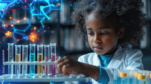 Young girl analyzing test tubes with a futuristic holographic interface, child scientist, merging science and technology photo