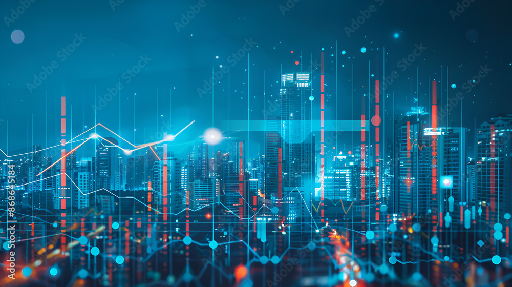 Obraz premium Urban Financial Growth: Cityscape with Financial Charts