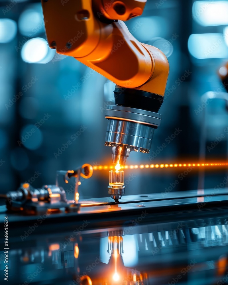 Close-up of an industrial robot arm performing a task in a factory setting. Close-up of an industrial robot arm performing a task in a factory setting.