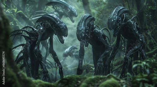Alien beings in the forest violence in woodlands very detailed and realistic shape