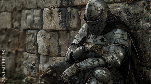 Graphic portrait of a weary armored medieval knight