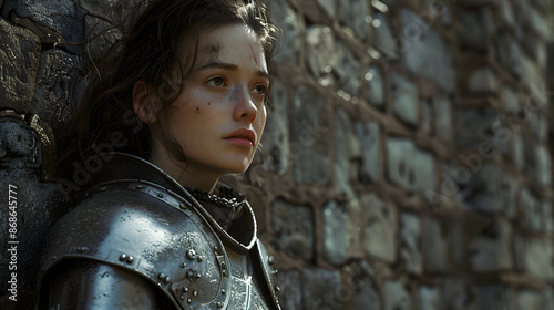 Graphic portrait of a weary armored female knight