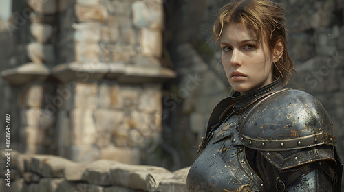 Graphic portrait of a weary armored female knight