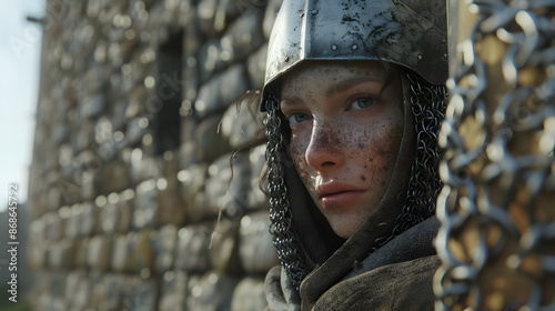 Graphic portrait of a weary armored female knight
