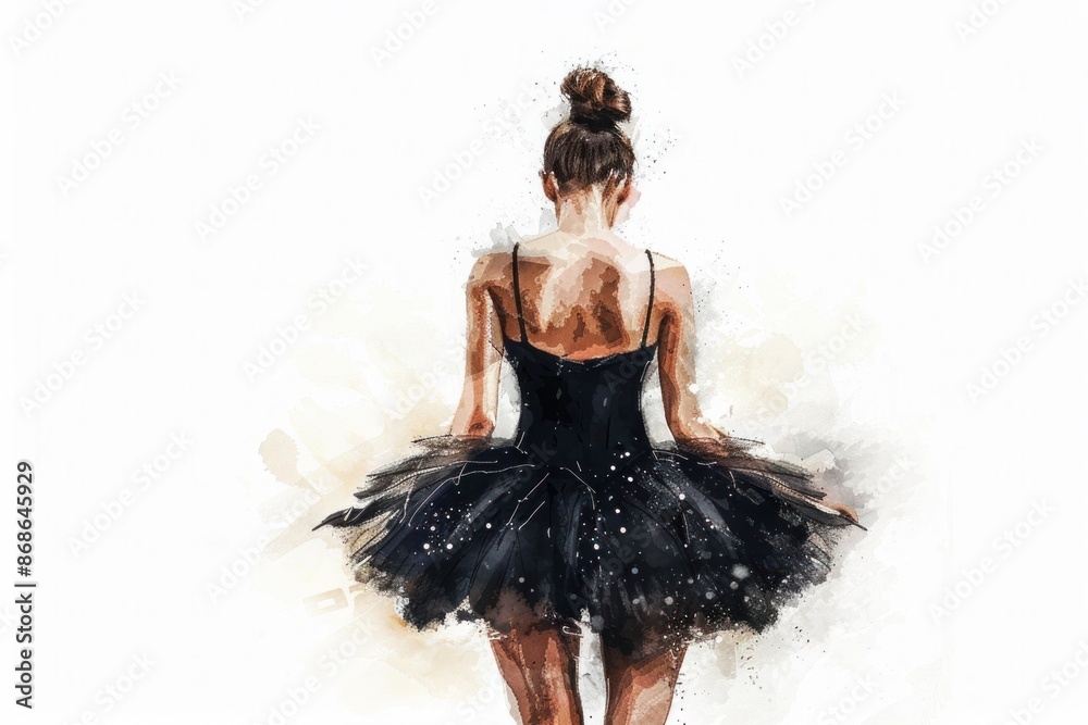 Fototapeta premium watercolor drawing, a ballerina from the back, in a black dress, in a tutu skirt on a white background
