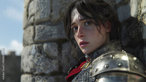 Graphic portrait of a weary armored female knight