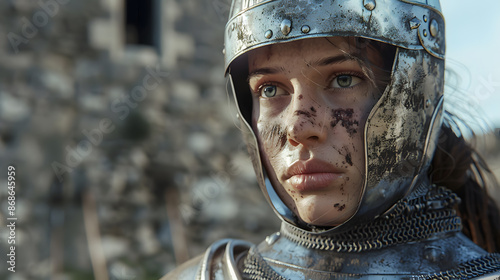 Graphic portrait of a weary armored female knight