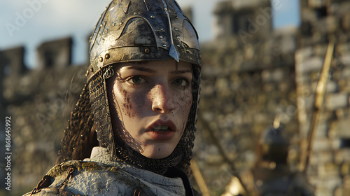 Graphic portrait of a weary armored female knight