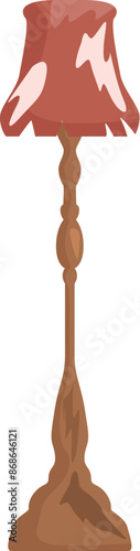 Tall wooden floor lamp is standing with a red lampshade on top