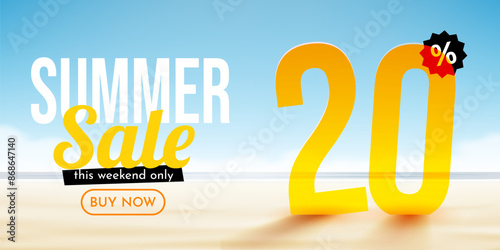 20 percent Off. Discount summer composition. Ocean beach. Sale banner and poster.
