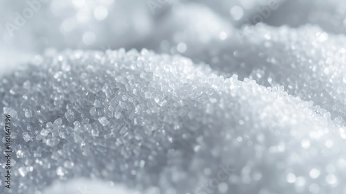 white sugar in close-up, isolated background, detailed and sparkling, pure and minimalist.