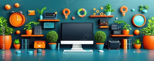 Modern workspace with plants, tech gadgets, and vibrant decor elements