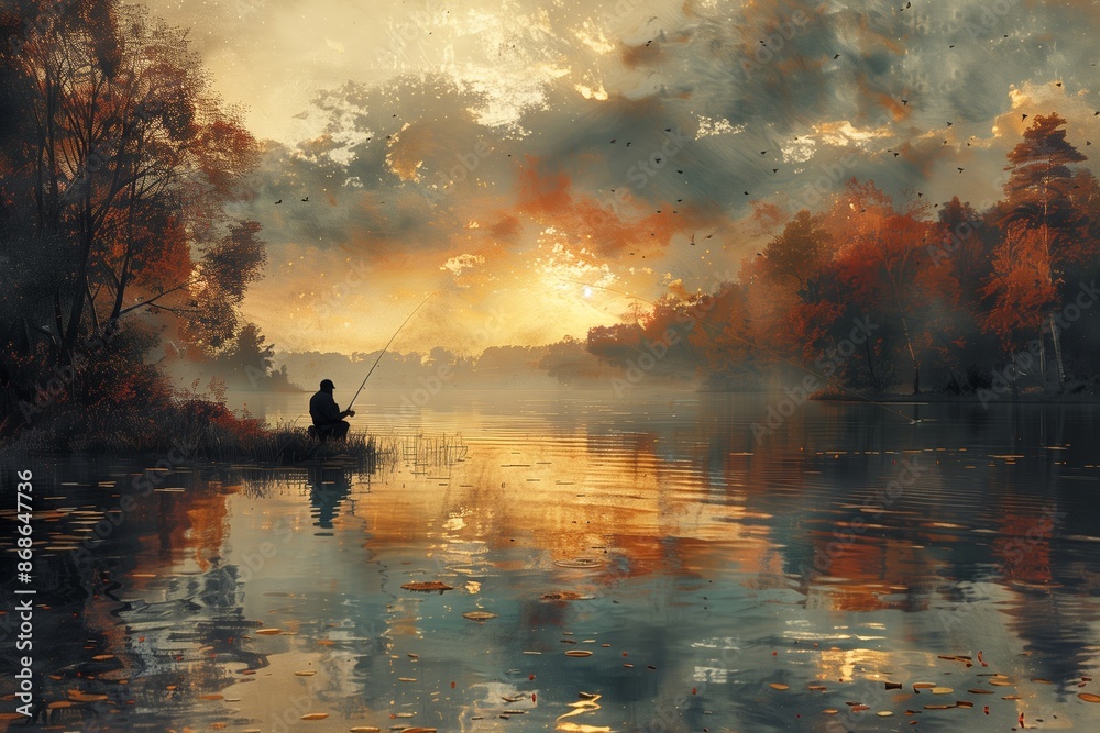 Solitary Fisherman at Sunset on a Foggy Lake Solitary Fisherman at Sunset on a Foggy Lake